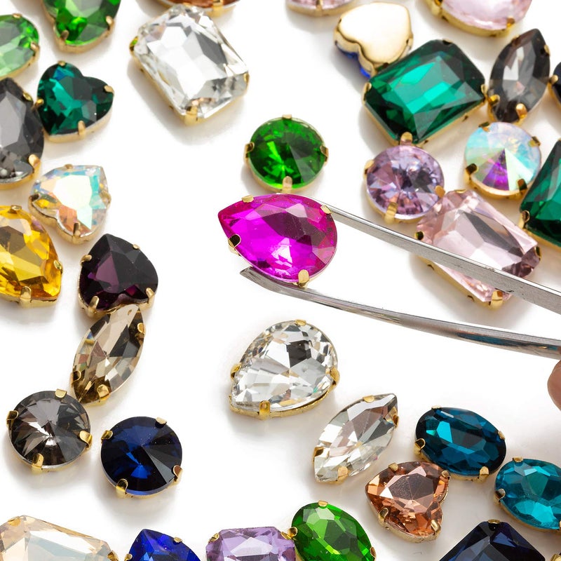 Choupee Sew On Rhinestones, Choupee 48PCS Mixed Shapes Flatback Sew On Glass Rhinestone Sewing Claw Rhinestone for Craft, Clothes, Garments, Dress, Earring, Belt and Shoes (Mixed, Gold Claw) - Image 3